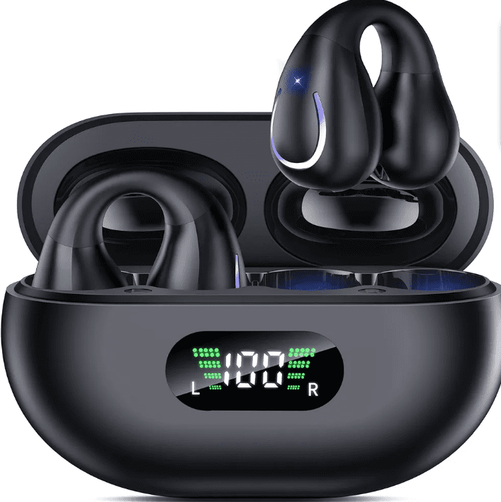 a black wireless earbuds with a display