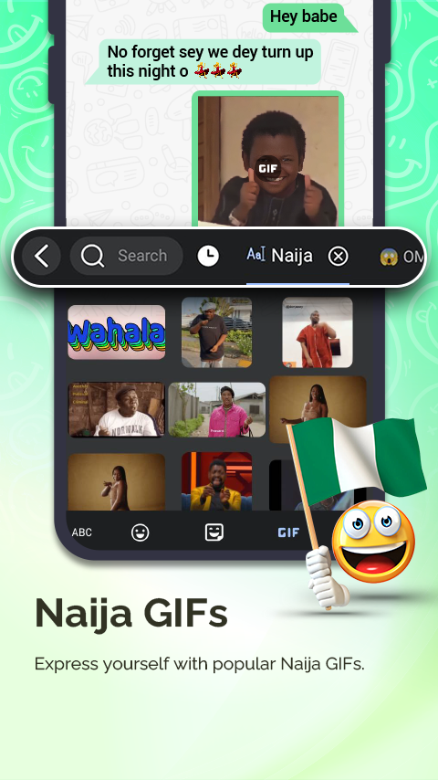 Dada Keyboard showing its Nigerian-themed stickers and interface.