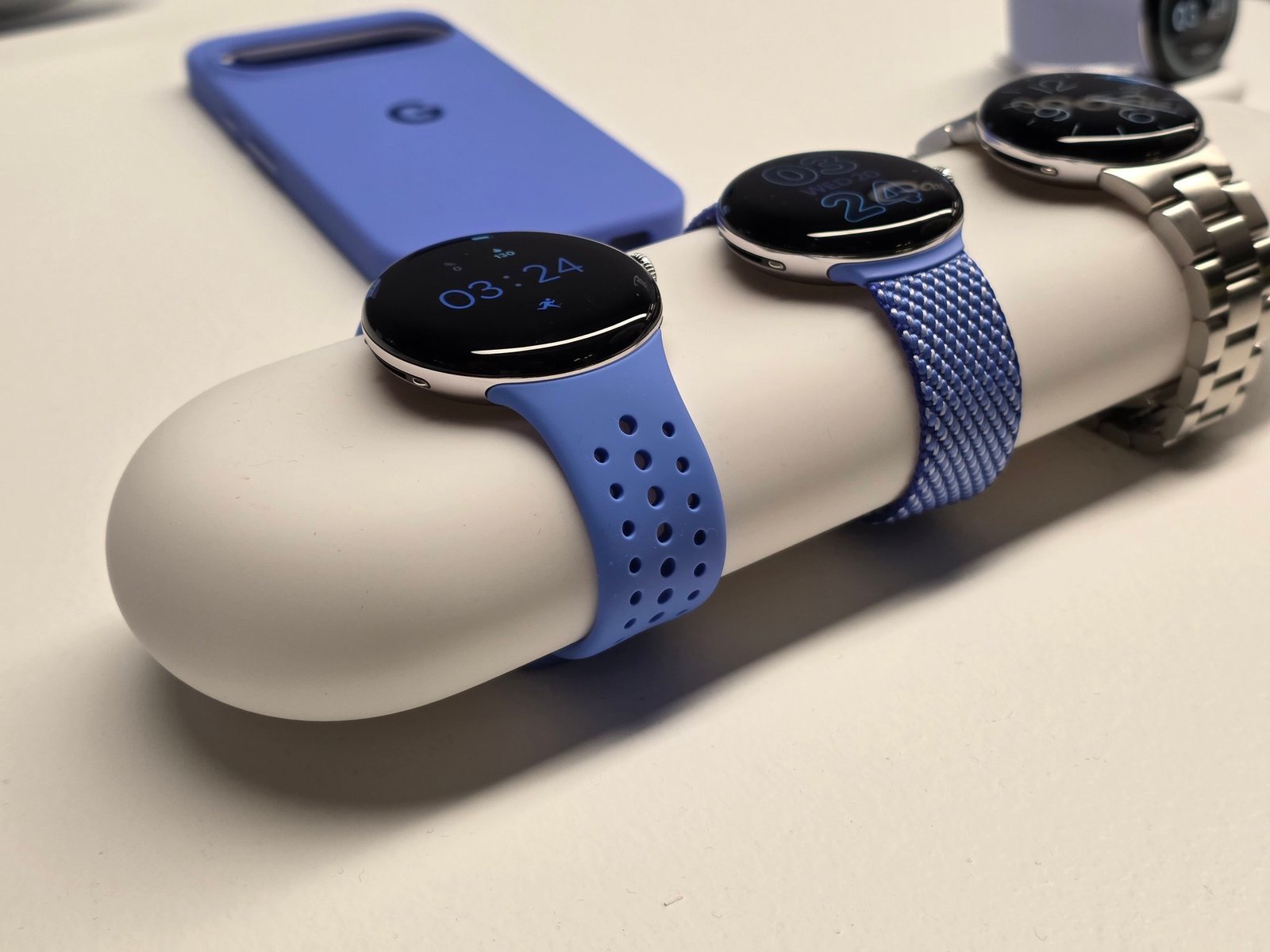 The new Google Pixel Watch 4 showcasing its redesigned display and clock faces.