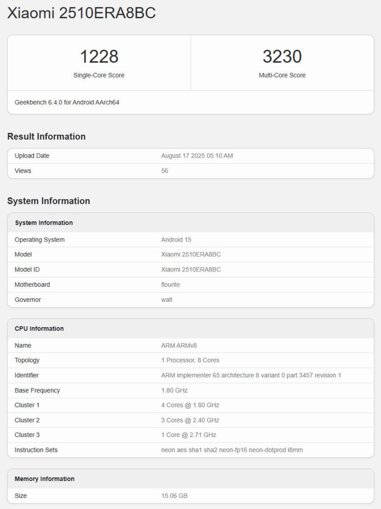 Geekbench scores for the rumored REDMI Note 15 Pro+.