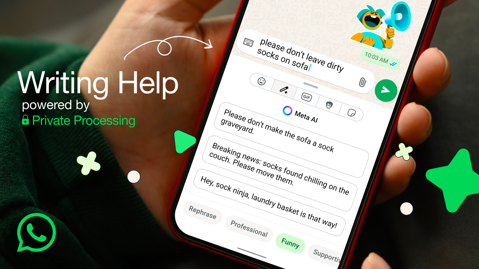 A promotional image for WhatsApp's new Writing Help AI feature.