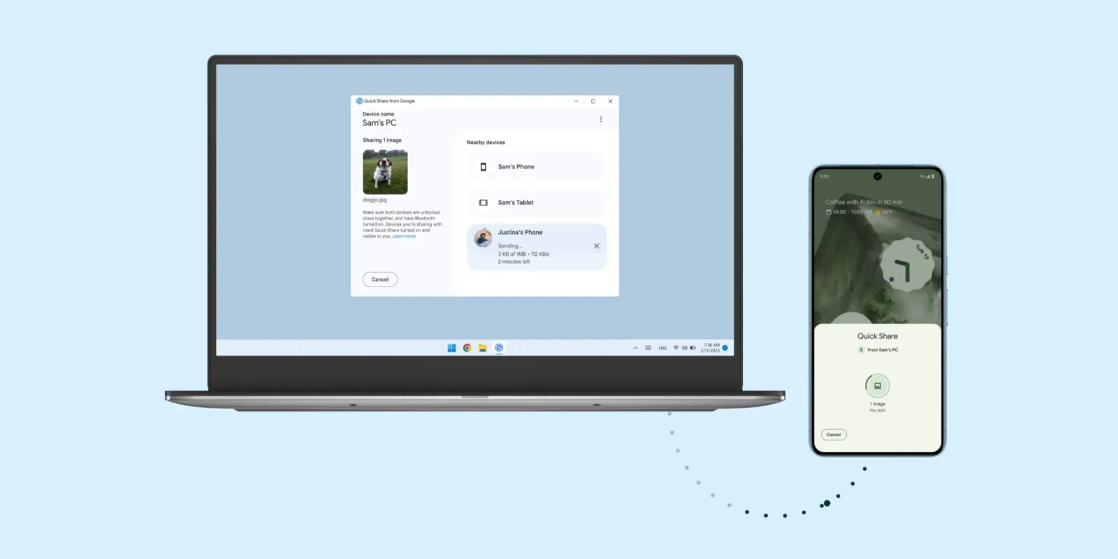 The new full-screen Quick Share UI on an Android device, showing the send and receive tabs.