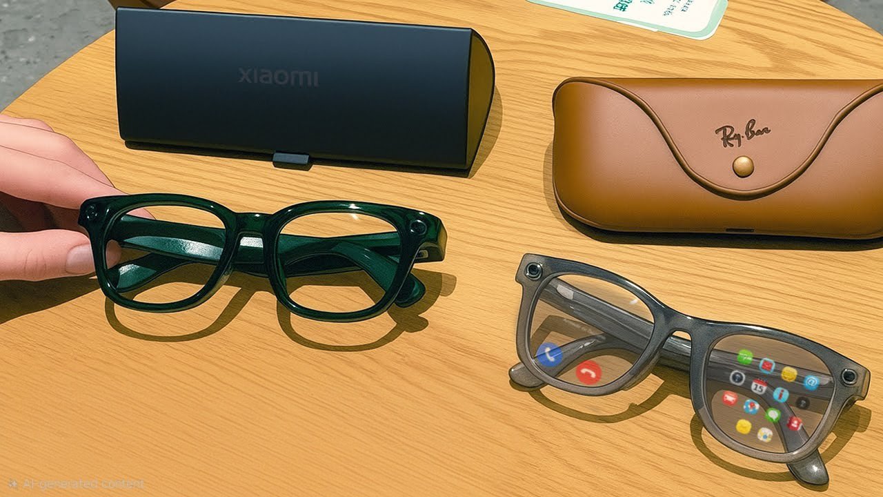 A split image showing the Ray-Ban Meta glasses and the Xiaomi AI Smart Glasses side-by-side.