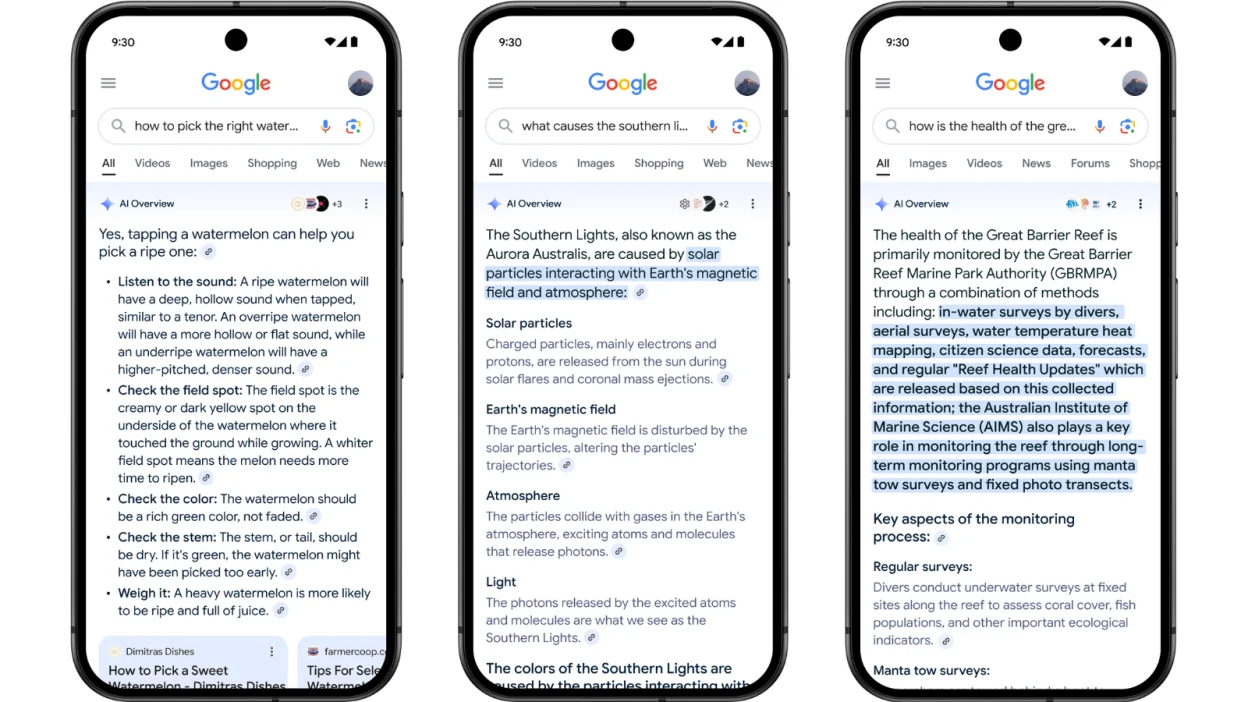 Google AI Overviews dynamically expanding across the entire search results screen