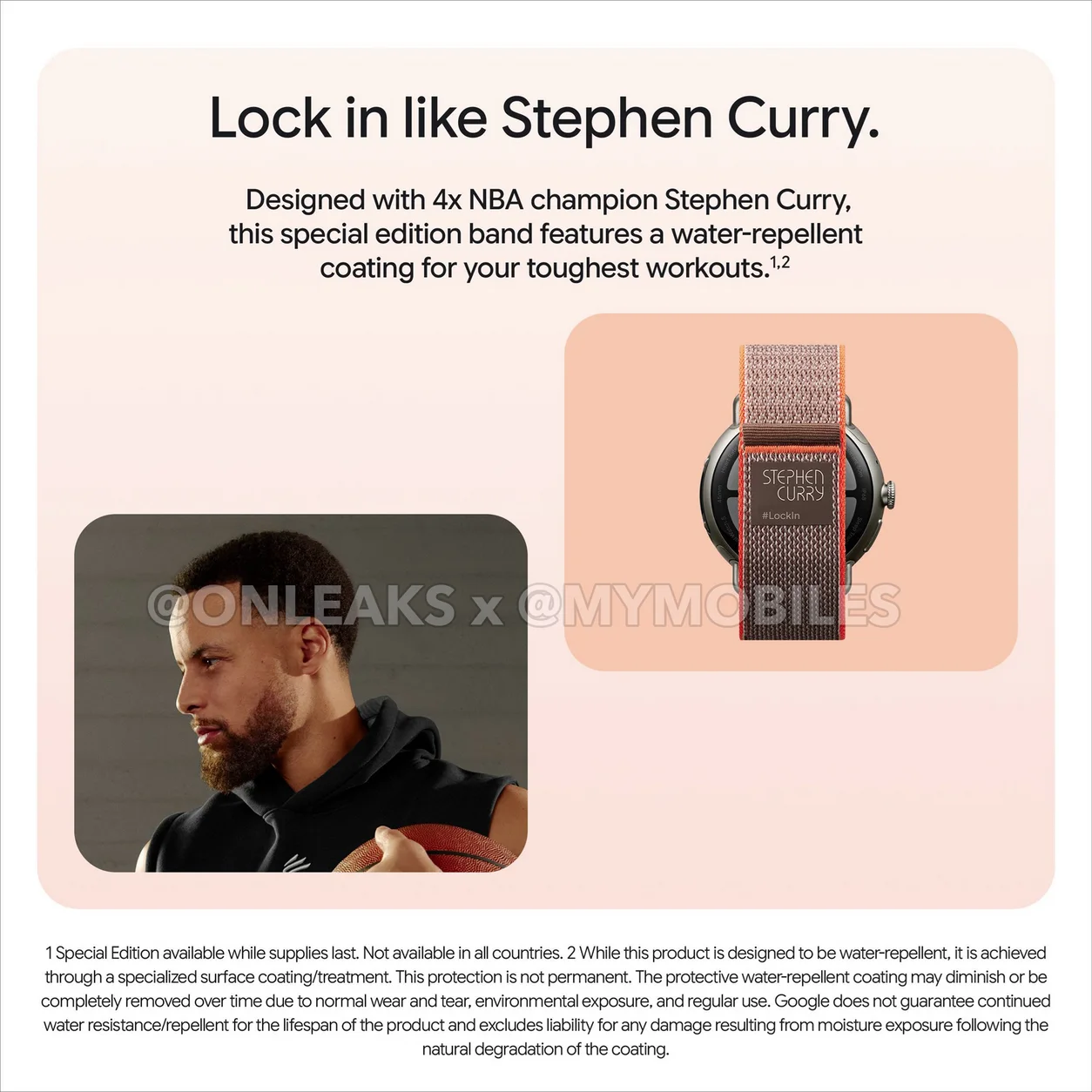 Leaked render of the Google Pixel Watch 5 Stephen Curry edition showing the exclusive stone gray and taupe band with orange accents.